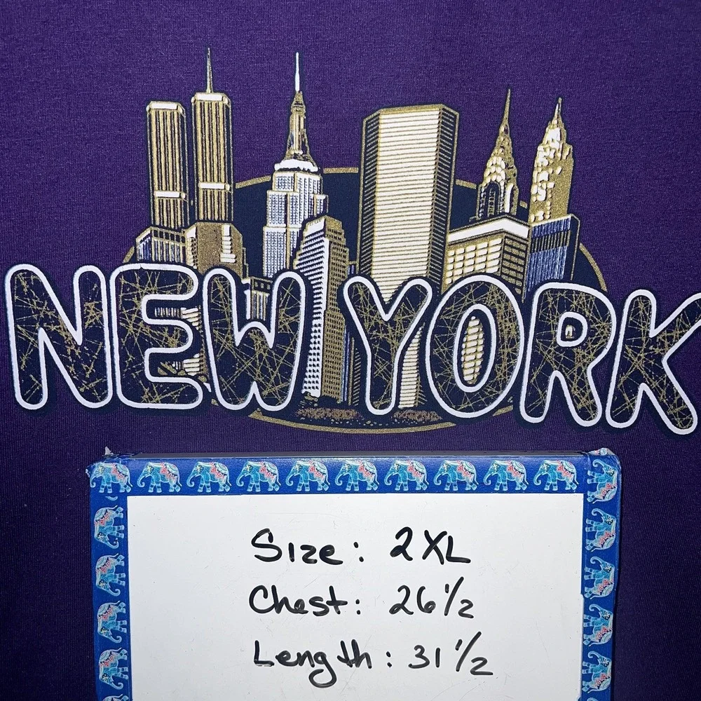 VTG JERZEES New York City T Shirt Mens 2XL XXL Purple Bubble Letters Skyline Tee